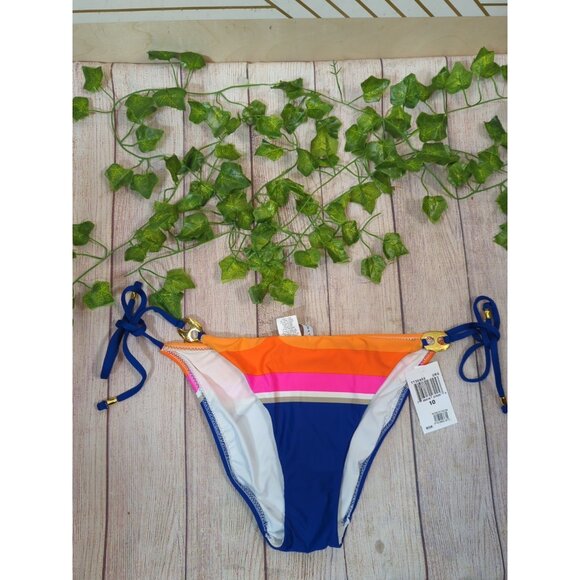 Trina Turk Women's Blue Pattern GOLD Detail Side Tie Bikini Bottom Size 10 NEW - Picture 2 of 5